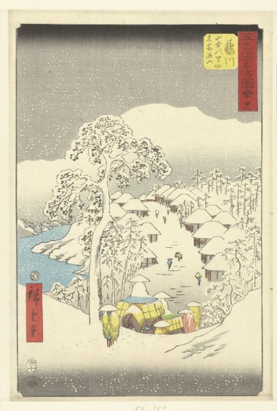Fujikawa, egy hegyi falu, más néven Fujiyama Fujikawa sanchu no sato Fujiyama (cím a tárgyon) Híres arcok az 53 állomáson (sorozat címe) Gojusan tsugi meisho zue (sorozat címe az objektumon) alkotó: Hiroshige (I) , Utagawa