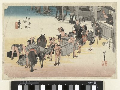 Hordárok és lovak cseréje Fujiedában Fujieda, jinba tsugitate (cím a tárgyon) A Tokaido 53 állomása (sorozat címe) Tokaido gojusan tsugi no uchi (sorozat címe az objektumon) alkotó: Hiroshige (I) , Utagawa
