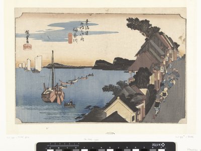 Kanagawa, bergopwaarts Kanagawa, dai no kei (cím a tárgyon) De 53 Stations van de Tokaido (sorozat címe) Tokaido gojusan tsugi no uchi (sorozat címe az objektumon) alkotó: Hiroshige (I) , Utagawa