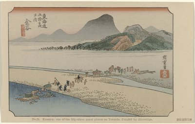 Kanaya No. 25. Kanaya: az ötvenhárom megjelölt hely egyike Tokaidón, Hiroshige festette (cím a tárgyon) De Tôkaidô van Hiroshige (sorozat címe) Hiroshige no fude Tôkaidô (sorozat címe az objektumon) alkotó: Hiroshige (I) , Utagawa
