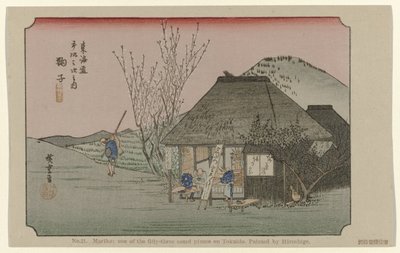 Mariko No. 21. Mariko: az ötvenhárom jegyzett hely egyike Tokaidón, Hiroshige festette De Tôkaidô van Hiroshige (sorozat címe) Hiroshige no fude Tôkaidô (sorozat címe az objektumon) alkotó: Hiroshige (I) , Utagawa