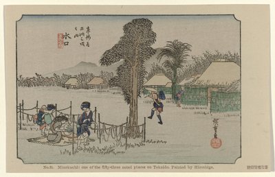 Minakuchi No. 51. Minakuchi: az ötvenhárom megjelölt hely közül Tokaidón, Hiroshige festette (cím a tárgyon) De Tôkaidô van Hiroshige (sorozat címe) Hiroshige no fude Tôkaidô (sorozat címe az objektumon) alkotó: Hiroshige (I) , Utagawa