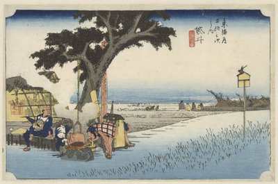 Theehuis in de buitenlucht Fukuroiban Fukuroi, dechaya no zu (cím a tárgyon) De 53 Stations van de Tokaido (sorozat címe) Tokaido gojusan tsugi no uchi (sorozat címe) alkotó: Hiroshige (I) , Utagawa