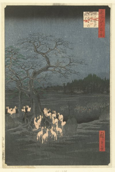 Vossenvuren op Oudejaarsavond bij de Shozoku netelboom in Oji Oji Shozoku enoki omisoka no kitsunebi (title on object) Honderd beroemde gezichten op Edo (series title) Meisho Edo hyakkei (series title on object)   1367966   hu       hungarian Successfully  alkotó: Hiroshige (I) , Utagawa