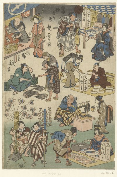 Hét stand a Joruri utcai éjszakai piacon Kép a jólétről a Joruri utcában (sorozat címe) Jorurimachi hanka no zu (sorozat címe az objektumon) alkotó: Hiroshige (I) , Utagawa
