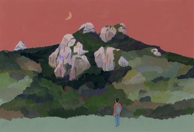 Hátizsákos férfi utazik a hegyekben, 2015 (guache papíron) alkotó: Hiroyuki Izutsu