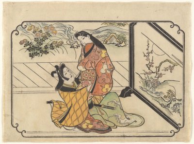 Kurtizán fiatal férfival (Wakashu) egy paraván mellett alkotó: Hishikawa Moronobu