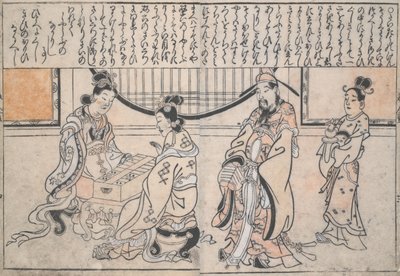 Yang Guifei játszik, miközben Xuanzong császár figyeli alkotó: Hishikawa Moronobu