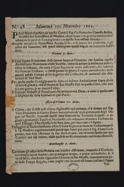 Gazzetta di Mantova – a legrégebbi olasz újság, 1665 alkotó: Historic Object