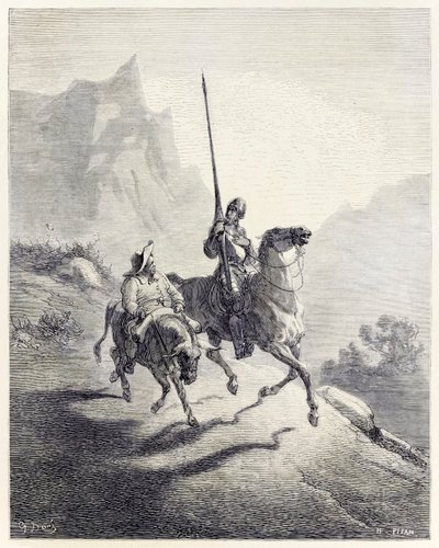 „Don Quijote és Sancho útnak indul” Miguel de Cervantes „Don Quijote” című művéből (metszet) alkotó: Héliodore Joseph Pisan