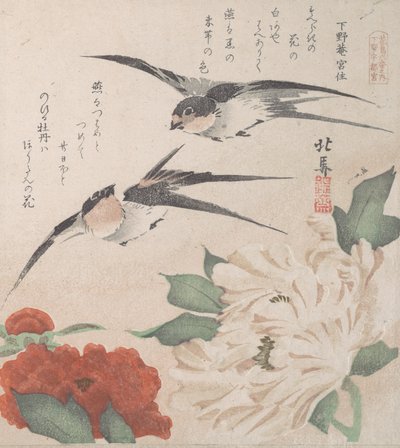 Tavaszi esőkollekció Harusame shu, vol. 3: fecskék és pünkösdi rózsa, kb. 1820., kb. 1820. alkotó: Hokuba