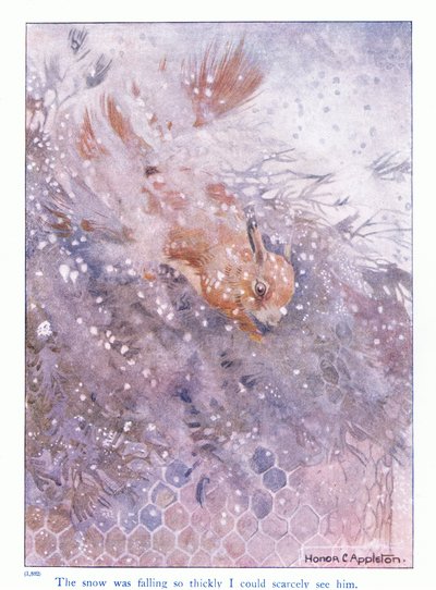 A hó olyan sűrűn esett, hogy alig láttam, illusztráció Eleanor Tyrell „Továbbiak a mókusokról” című művéből, 1915 körül (színes litó) alkotó: Honor Charlotte Appleton
