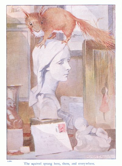 A mókus itt, ott és mindenhol ugrott, illusztráció Eleanor Tyrell „Továbbiak a mókusokról” című művéből, 1915 körül (színes litó) alkotó: Honor Charlotte Appleton