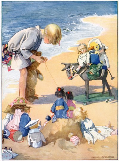„Megcsináltuk, hogy Big Teddy legyen a szamárfiú”, illusztráció a „Josephine is Busy” című filmből, H.C. Cradock, kiadó: Blackie & Son, Ltd. (színes litho) alkotó: Honor Charlotte Appleton