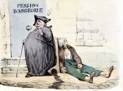 Kövér és repu pap egy földön fekvő szegény beteg mellett - a „La Silhouette”-ben alkotó: Honoré Daumier