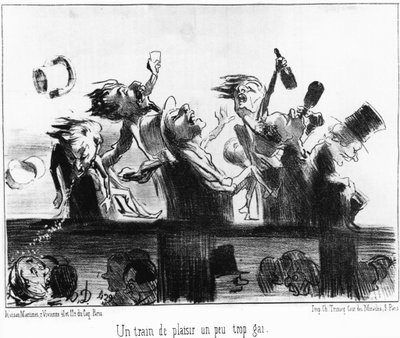 Egy kicsit túl vidám egy vidám vonat: a „Les trains de Plaisir” című sorozatból, Honore Daumier (1808-1879) vasutakról készült rajzfilmekből. "Macskazene" alkotó: Honoré Daumier