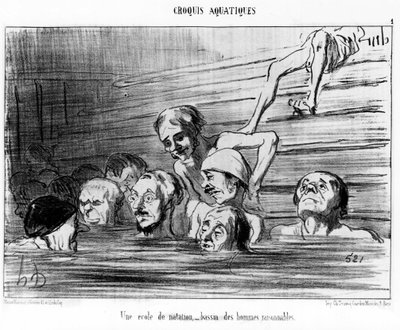 Úszóiskola, értelmes férfiak medencéje: Honore Daumier (1808-1879) úszásról szóló rajzfilmsorozatának illusztrációja. "Macskazene" alkotó: Honoré Daumier