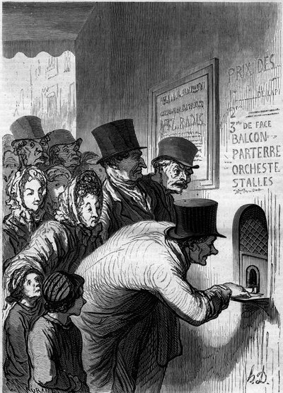 Egy színházi ablak. Honore Daumier (1808-1879) rajzfilmje. Metszet a „” Le Monde Illustré”” 269. számában, 1862. június 7. alkotó: Honoré Daumier