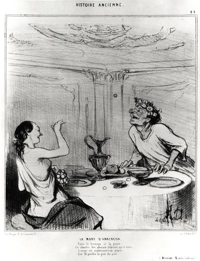 Ókori történelem: Anakreón halála, karikatúra Jacques-Benigne (Jacques Benigne) Bossuet (1627-1704) Badine műveinek egy részletét illusztrálja: "Sajt és körte között, Ez a szerelmes énekes folatrait ivás után, Mikor egy szerencsétlen pepepei alkotó: Honoré Daumier