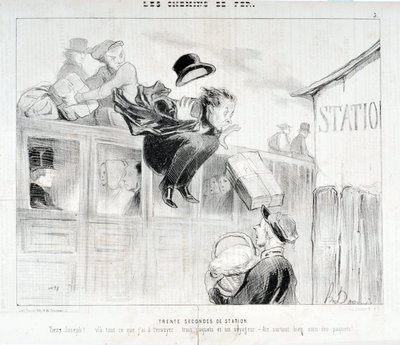 Honore Daumier (1808-1879) műve. A Charivari 1843-ból származik: Három csomag és egy utazó - Mindenekelőtt a csomagokról való gondoskodás" MUSEE DES BEAUX ART alkotó: Honoré Daumier