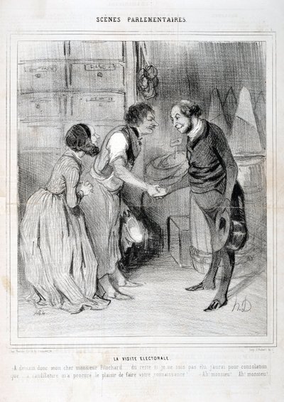 Honore Daumier (1808-1879) műve. A Charivari 1843-ból származik: Serie SCENES PARLIAMENTARY. A választási látogatás. KÉPZŐMŰVÉSZETI MÚZEUM - LONGCHAMP-PALOTA, MARSEILLE alkotó: Honoré Daumier