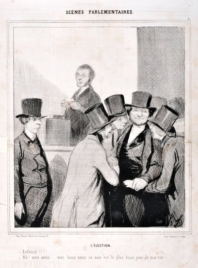 Honore Daumier (1808-1879) alkotásai. Charivari 1843-ból származik: Serie SCENES PARLAMENTI. A választás "" Ússz!!! "Ó barátaim, jó barátaim ma este életem legszebb napja!" SZÉPMŰVÉSZETI MÚZEUM - LONGCHAMP PALOTÁJA, MARSEILLE alkotó: Honoré Daumier