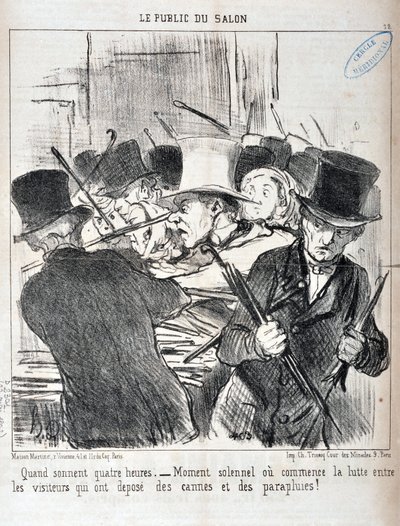 Honore Daumier (1808-1879) alkotásai. A Charivari 1852-ből származik: Serie LE PUBLIC DU SALON - "" Amikor a hang négy óra. - ünnepélyes pillanat vagy kezdődik a küzdelem a vesszőket és esernyőket lerakó látogatók között"" MUSEE DES BEAUX ARTS - PALAIS LON alkotó: Honoré Daumier
