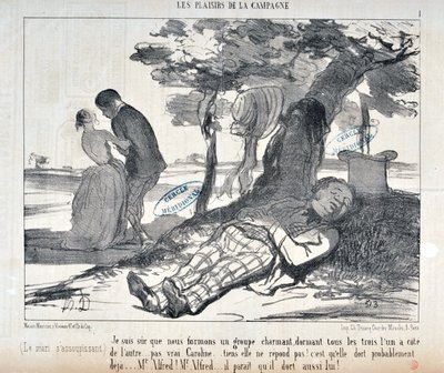 Honore Daumier (1808-1879) Charivari alkotásai 1853-ból származnak: Serie LES PLAISIRS DE LA CAMPAGNE "" Biztos vagyok benne, hogy egy bájos csoportot alkotunk, mind a hárman egymás mellett ... nem igaz Caroline... do nem válaszol! Valószínűleg már alszik alkotó: Honoré Daumier