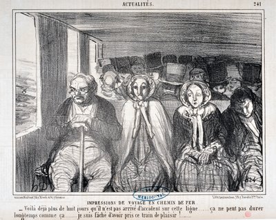 Honore Daumier (1808-1879) Charivari alkotása 1855-ből származik: Serie Actualites de voyage en railroad "" - Több mint nyolc napja nem történt baleset ezen a vonalon... ez nem tarthat sokáig így. .. Sajnálom, hogy ezen a vonaton utaztam alkotó: Honoré Daumier