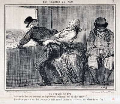 Honore Daumier (1808-1879) alkotásai. A Charivari 1858-ból származik: Serie LES RAILWAYS By Railroad “” - Szóval ne nézz így az ajtón keresztül, olyan gyorsan jön a szerencsétlenség!... „Mit számít ez nekem, mivel balesetek ellen biztosítva vagyok a railwa alkotó: Honoré Daumier