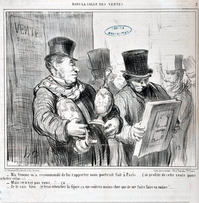Honore Daumier (1808-1879) alkotásai. A Charivari 1859-ből származik: Serie AZ ELADÁSBAN "" - A feleségem azt ajánlotta, hogy vigyem el neki a Párizsban készült portrémat... Kihasználtam az akciót, hogy megvegyem ezt... -De nem te vagy... kb. .. - Ezt tudo alkotó: Honoré Daumier
