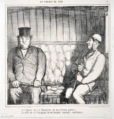 Honore Daumier (1808-1879) alkotásai. Charivari 1864-ből származik: Serie LES CHAINS DE RAILWAY "" -Ennek az úriembernek az alakja nem jut eszembe. - ennek az utazónak a feje nem kelt bennem bizalmat””” MUSEE DES BEAUX ARTS – PALAIS LONGCHAMP, MARSE alkotó: Honoré Daumier
