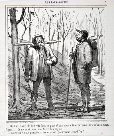 Honore Daumier (1808-1879) műve. A Charivari 1864-ből származik: Azt mondták nekünk, hogy jöjjünk erre az országra, és hogy gyönyörű fákat találunk... ezekből lehet faggyút készíteni!... "Ha fűteni tudnánk velük!..." A FIN MÚZEUM alkotó: Honoré Daumier