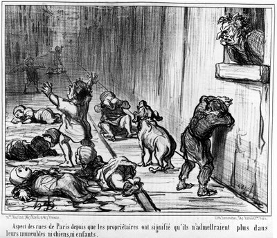 Párizs utcáinak látványa, mivel a tulajdonosok azt jelentették, hogy többé nem engednek be az épületeikbe sem kutyákat, sem gyerekeket, Honore Daumier (1808-1879) "Tenants et Proprietaires" című karikatúrasorozatából. "Charivari" alkotó: Honoré Daumier