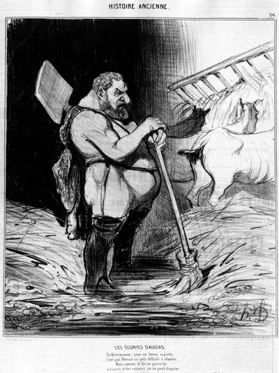 Augias istálló. Törpe kinézetű ember egy istállóban: az „ókori történelemből” átvéve, Honore Daumier karikatúrája alkotó: Honoré Daumier