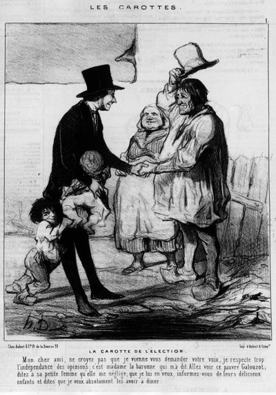 Választási látogatás jelöltje egy parasztcsaládban: „A választás sárgarépája” – Daumier rajzfilmje a „Charivari”-ban, 1844.03.21. alkotó: Honoré Daumier