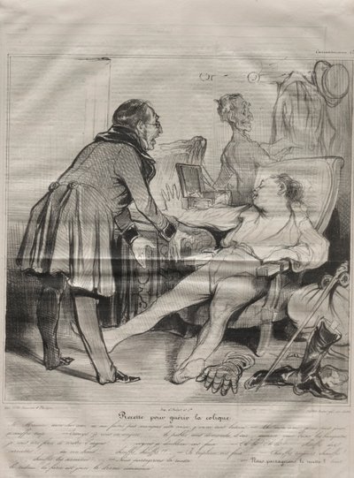 Caricaturana, 72. lemez: Recept a kólika gyógyítására, 1838. január 14. alkotó: Honoré Daumier