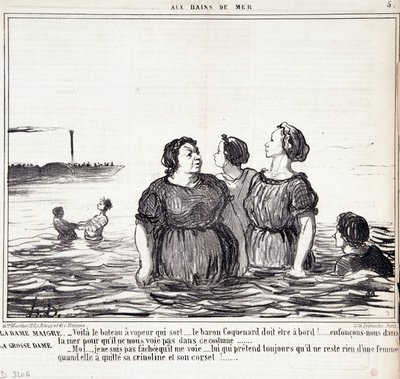 Karikatúra a külsőségekről és a divatról. "Les Bains de Mer" sorozat: "A sovány hölgy (...), a kövér hölgy (...)" Honore DAUMIER (1808-1879) metszete. Kivonat a "Le Charivari" című újság szeptember 16-i számából. alkotó: Honoré Daumier
