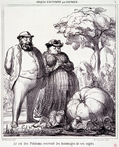 Rajzfilm a kertészkedésről. "" Őszi vázlat"" sorozat: "" A sütőtök királya tiszteletet kap alattvalóitól"". Honore DAUMIER (1808-1879) metszete. Kivonat a „Le Charivari” című újságból, szeptember 23-án alkotó: Honoré Daumier