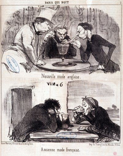 Rajzfilm a gasztronómiai visszaélésekről. „Paris qui drinks” sorozat: új angol divat és régi francia divat. Honore DAUMIER (1808-1879) metszete. Kivonat a „” Le Charivari”” újságból, 1852. június 23. Mérete 37x26 cm Inv D 2312 - doboz 24 N¡7. Marseille, Mú alkotó: Honoré Daumier
