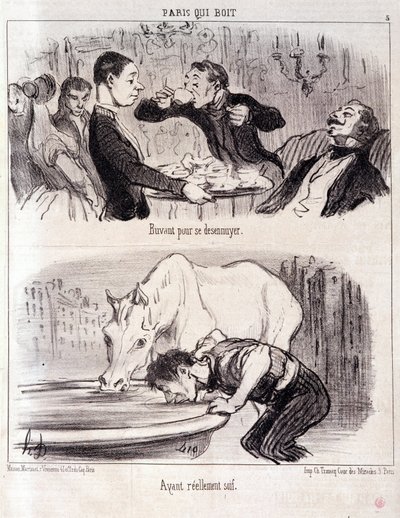 Rajzfilm a gasztronómiai visszaélésekről. Serie Paris iszik: "" Igyunk, hogy megunjuk. Tényleg szomjas.” Honore DAUMIER (1808-1879) metszete. Kivonat a „” Le Charivari”” újságból, 1852. június 16. Mérete 37x26 cm Inv D 2310 - doboz 24 N¡5. Marseille, Musee alkotó: Honoré Daumier