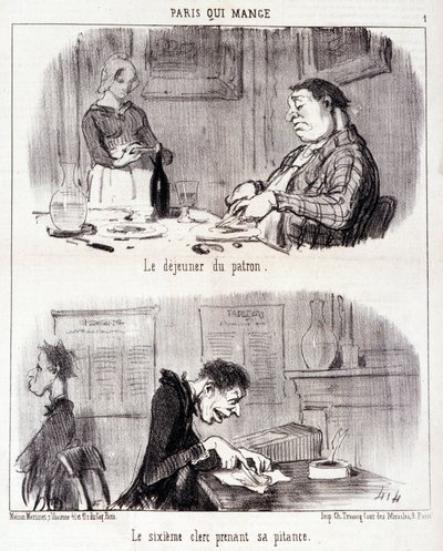 Rajzfilm a gasztronómiai visszaélésekről. Serie “” Paris qui mange””: A főnök reggelije. A hatodik jegyző elveszi a kárát. Honore DAUMIER (1808-1879) metszete. Kivonat a „Le Charivari” című újságból június 26-án alkotó: Honoré Daumier