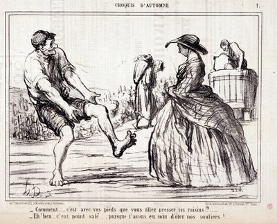 Rajzfilm a mezítláb szőlőt taposó kombájnokról. Serie "" Őszi vázlat"": "" Hogyan... a lábaddal fogod kinyomni a szőlőt? ...” metszet: Honore DAUMIER (1808-1879). Kivonat a „Le Charivari” újságból alkotó: Honoré Daumier