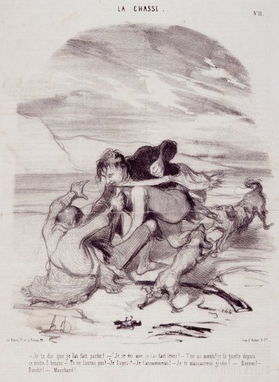 Rajzfilm a vadászokról. "" Az élet szép napjai - A vadászat" sorozat: "" Mondom, hogy elmentem..." Honore DAUMIER (1808-1879) metszet. Kivonat a „” Le Charivari”” című újságból, január 10-én alkotó: Honoré Daumier