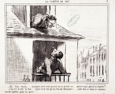 Rajzfilm a tudományról. Serie Sur „” az 1857-es üstökös””: „Nos szomszéd... miért sírtál ilyen nagyot...”” Metszet: Honore DAUMIER (1808-1879). Kivonat a „Le Charivari” című újságból, március 11-én alkotó: Honoré Daumier