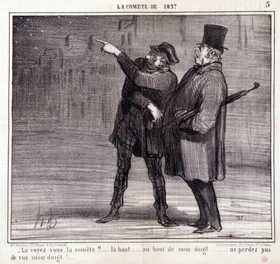 Karikatúra a tudományról. Sorozat az 1857-es Comete-ről: "Látod a bizottságot?..." Egy tolvaj eltereli áldozata figyelmét. Honore DAUMIER (1808-1879) metszete. Kivonat a "Le Charivari" című újságból március 19. alkotó: Honoré Daumier