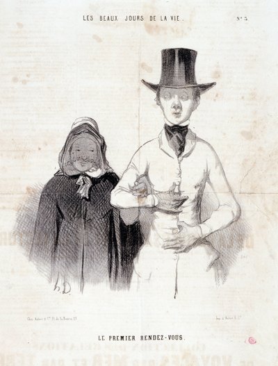 Karikatúra a párról: Az élet szép napjai című sorozat: "Az első randi". Honore DAUMIER (1808-1879) metszete. Kivonat a "Le Charivari" című újságból, január 2-3. alkotó: Honoré Daumier