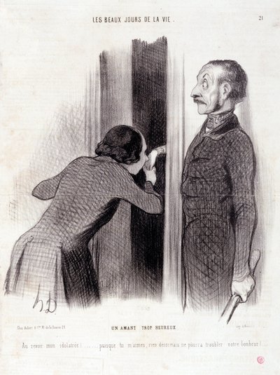 Karikatúra a párról. "Az élet szép napjai" című sorozat: "Egy túl boldog szerető..." Honore DAUMIER (1808-1879) metszete. Kivonat a "Le Charivari" című újság szeptember 1-jei számából. alkotó: Honoré Daumier