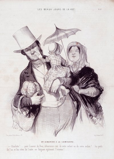 Karikatúra a családról. "Az élet szép napjai" sorozat: Egy vasárnap vidéken..." Honore DAUMIER (1808-1879) metszete. Kivonat a "Le Charivari" című újság július 21-i számából. alkotó: Honoré Daumier