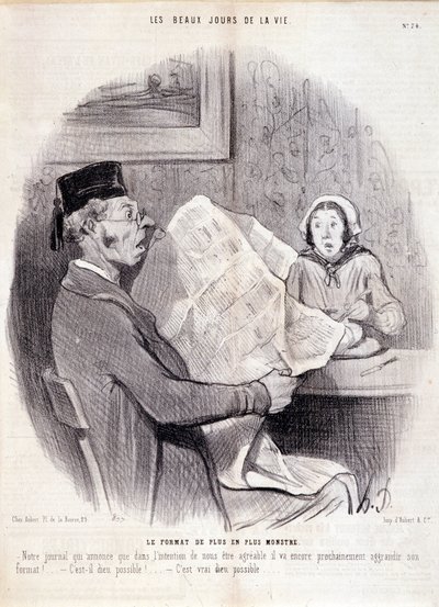 Rajzfilm a sajtóról. "" Az élet szép napjai"" sorozat: "" Az egyre szörnyűbb formátum..."". Honore DAUMIER (1808-1879) metszete. Kivonat az október 18-i „” Le Charivari” című újságból alkotó: Honoré Daumier